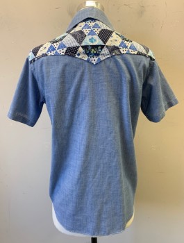 Mens, Western Shirt, N/L, Dusty Blue, Poly/Cotton, Solid, 15.5 N, M, Shades of Blue/Navy/White Patchwork Pattern at Shoulders Above Yoke, S/S, Snap Front, C.A.,
