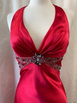 Womens, Evening Gown, BEE DARLIN, Fuchsia Pink, Polyester, 3/4, Halter, V-neck, Black, Silver, & Pink Rhinestone Cluster at Center, Beaded Straps on Bak, Beaded Lower Back Waist, Pleated Back Straps with Hook & Eye on Middle Back, Zip Back