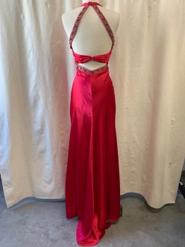 Womens, Evening Gown, BEE DARLIN, Fuchsia Pink, Polyester, 3/4, Halter, V-neck, Black, Silver, & Pink Rhinestone Cluster at Center, Beaded Straps on Bak, Beaded Lower Back Waist, Pleated Back Straps with Hook & Eye on Middle Back, Zip Back