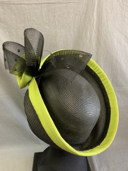Womens, Hat , N/L, Black, Straw, Silk, 7 1/4, Made To Order, Lime Green Silk Border And Flower, Black Horsehair With Sequins And Single Coque Feather, Stylized Enough For A 1920s Paul Poiret Turban Party
