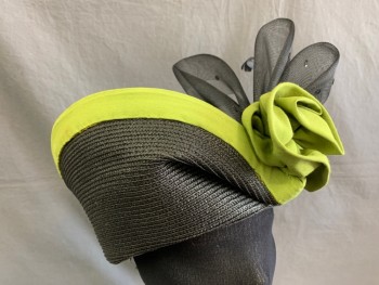 Womens, Hat , N/L, Black, Straw, Silk, 7 1/4, Made To Order, Lime Green Silk Border And Flower, Black Horsehair With Sequins And Single Coque Feather, Stylized Enough For A 1920s Paul Poiret Turban Party