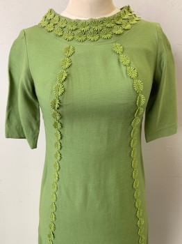 Sylvia Ann, Green, Cotton, Polyester, Solid, Floral, Mid Sleeve, Embroiderred Flowers, Back Zipper,