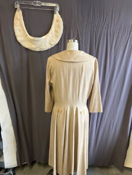 Womens, 1940s Vintage, Dress, N/L, Tan Brown, Silk, Solid, W32, B40, Raw Silk,Shawl Collar, Detouchable Clollar With Wht Sseed Beats, Lace Trim And Floral Appliques, Button Up Midi Dress, Side Pockets, 3/4 Slvs, Back Btn Detail
