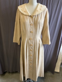 Womens, 1940s Vintage, Dress, N/L, Tan Brown, Silk, Solid, W32, B40, Raw Silk,Shawl Collar, Detouchable Clollar With Wht Sseed Beats, Lace Trim And Floral Appliques, Button Up Midi Dress, Side Pockets, 3/4 Slvs, Back Btn Detail