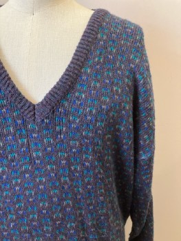 JANTZEN, Navy/ Multi-color, Knit, V Neck, L/S, Pullover