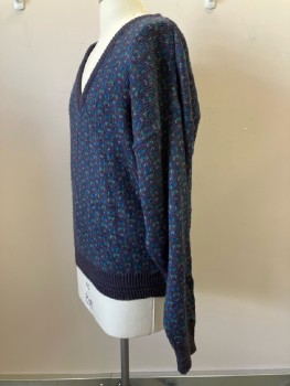 JANTZEN, Navy/ Multi-color, Knit, V Neck, L/S, Pullover