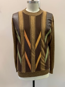 JANTZEN, Brown, Multi-color, Acrylic, Wool, Stripes, CN, Olive Green And Orange Stripes
