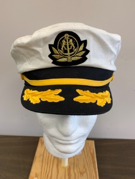 Unisex, Hat, Military Uniform, BRONER, White, Gold, Black, Cotton, OS, Navy Officer, Round Crown with Embroidery On Bill, Gold Band