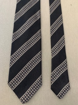 Mens, Tie, ERMENIGILDO ZEGNA, Black, Silver, Silk, Stripes - Diagonal , Geometric, Textured, Square Medallions in Stripes, Multiple