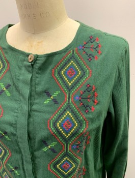 Womens, Dress, Long & 3/4 Sleeve, ODDBIRD, Green, Multi-color, Cotton, Solid, Geometric, B38, Round Neck,  L/S, Button Front, Hidden Button Placket, Gauze, Rainbow Colored Embroidery Front