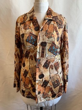 K. MART, Beige, Dk Brown, Teal Blue, Dk Brown, Polyester, Abstract , C.A., Button Front, L/S