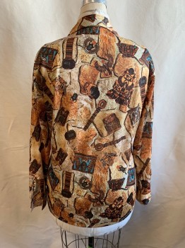 K. MART, Beige, Dk Brown, Teal Blue, Dk Brown, Polyester, Abstract , C.A., Button Front, L/S