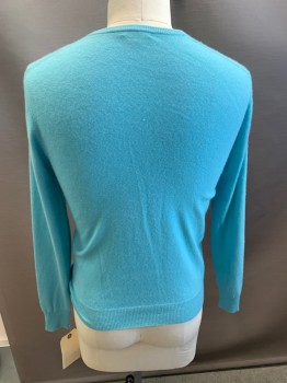 Mens, Pullover Sweater, JCREW, Aqua Blue, Cashmere, Solid, M, L/S, V-N,