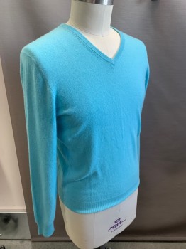 Mens, Pullover Sweater, JCREW, Aqua Blue, Cashmere, Solid, M, L/S, V-N,
