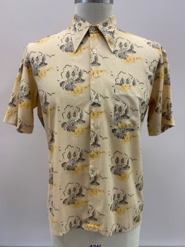J.C. PENNEY, Beige, Dk Brown, Yellow, Blue, Polyester, Cotton, Novelty Pattern, S/S, Button Front, Collar Attached, Chest Pocket