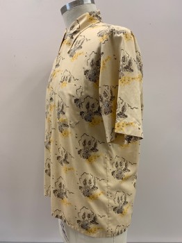 J.C. PENNEY, Beige, Dk Brown, Yellow, Blue, Polyester, Cotton, Novelty Pattern, S/S, Button Front, Collar Attached, Chest Pocket