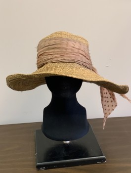 Womens, Historical Fiction Hat, NL, Sand, Pink, Straw, Cotton, Solid, S/M, 3" To 5" Uneven Brim, Pink Self Dot Head Band