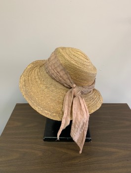 Womens, Historical Fiction Hat, NL, Sand, Pink, Straw, Cotton, Solid, S/M, 3" To 5" Uneven Brim, Pink Self Dot Head Band