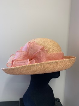 Womens, Straw Hat, BETMAR, Peach Orange, Coral Orange, Straw, Solid, OS, Wide Brim, Bow and Flowers Made From Straw