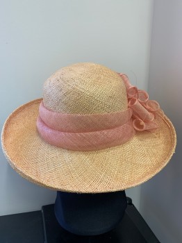Womens, Straw Hat, BETMAR, Peach Orange, Coral Orange, Straw, Solid, OS, Wide Brim, Bow and Flowers Made From Straw