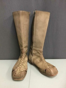 Brown, Leather, Solid, Medieval Peasant Boot Inner Zipper, Flat Sole, Length Below Knee