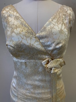 Womens, Evening Gown, Elegant Miss, Champagne, Gold, Silk, Speckled, W29, B36, H38, Sleeveless, V Neck, Crossover, Bust Band with Side Flower and Ribbons, Back Zipper,