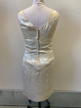 Elegant Miss, Champagne, Gold, Silk, Speckled, Sleeveless, V Neck, Crossover, Bust Band with Side Flower and Ribbons, Back Zipper,