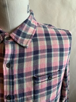 Mens, Casual Shirt, JOE'S, Pink, Faded Black, Lt Gray, Cotton, Plaid, L, Multiple Gauze Layers, Button Front, Collar Attached, 1 Pocket, Long Sleeves, Button Cuff