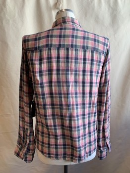 Mens, Casual Shirt, JOE'S, Pink, Faded Black, Lt Gray, Cotton, Plaid, L, Multiple Gauze Layers, Button Front, Collar Attached, 1 Pocket, Long Sleeves, Button Cuff