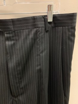 TALLIA UOMO, Black, Lt Gray, Gray, Wool, Stripes - Pin, Zip Front, Button Closure, Extended Waistband, 4 Pockets, Pleated Front