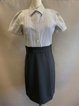 THEORY, Black, White, Wool, Spandex, Stripes, S/S, Button Front, Collar Attached, Side Pockets, Side Zipper