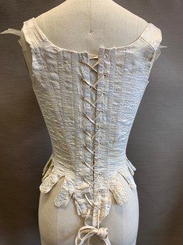 N/L, Ice Blue, Ivory White, Silk, Linen, Floral, Ribbon Bows At Shoulder Straps & CF, Hand Sewn Channels & Covered Grommets, Missing A Few Steel Bones. Several Repairs See Detail Photo,