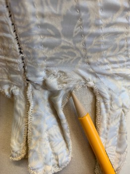 Womens, Historical Fiction Corset, N/L, Ice Blue, Ivory White, Silk, Linen, Floral, W 24, Ribbon Bows At Shoulder Straps & CF, Hand Sewn Channels & Covered Grommets, Missing A Few Steel Bones. Several Repairs See Detail Photo,