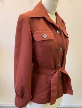 Womens, Jacket, JONES NEW YORK, Brick Red, Polyester, Wool, Solid, B:34, Twill Weave, 5 Buttons, Dagger Collar, 4 Pockets, Self Belt Attached At Waist, No Lining