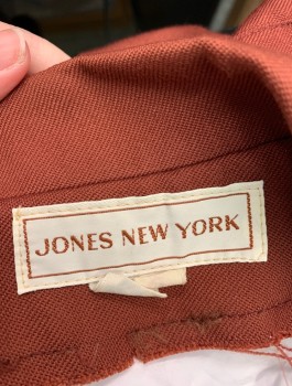 Womens, Jacket, JONES NEW YORK, Brick Red, Polyester, Wool, Solid, B:34, Twill Weave, 5 Buttons, Dagger Collar, 4 Pockets, Self Belt Attached At Waist, No Lining