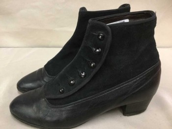 Womens, Boots 1890s-1910s, GAMBA, Black, Leather, Suede, Solid, 6.5, 1" Stack Heel, Button Side, Ankle High