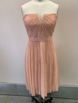 J CREW, Ballet Pink, Silk, Solid, Strapless, Crepe Chiffon, Rouched Bodice, Gathered Skirt, Inner Bust Support, Back Zipper, Invisible Zipper,