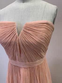 J CREW, Ballet Pink, Silk, Solid, Strapless, Crepe Chiffon, Rouched Bodice, Gathered Skirt, Inner Bust Support, Back Zipper, Invisible Zipper,