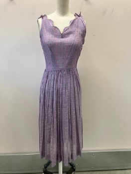 N/L, Lavender Purple, Multi-color, Acetate, Polka Dots, Empire Style, Sheer Lavender Self  Stripes, Knot At Slvs,, V-N, With Scallopped Edge, Side Zipper, Pleated At Skirt