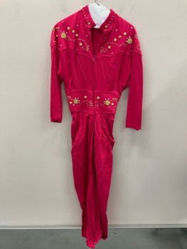 MESMERIZE, Hot Pink, Cotton, Solid, Stand Collar, Zip Front, L/S, Gold And Diamond Studs, Back Elastic Waist Band, Side Pockets
