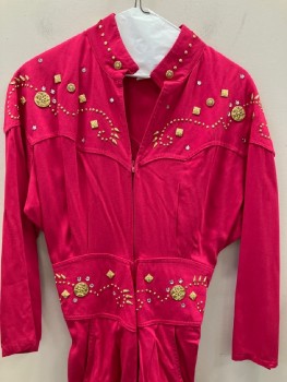MESMERIZE, Hot Pink, Cotton, Solid, Stand Collar, Zip Front, L/S, Gold And Diamond Studs, Back Elastic Waist Band, Side Pockets