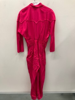 Womens, Jumpsuit, MESMERIZE, Hot Pink, Cotton, Solid, W: 25, B: 34, Stand Collar, Zip Front, L/S, Gold And Diamond Studs, Back Elastic Waist Band, Side Pockets