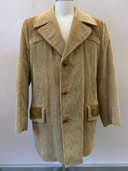 Mens, Coat, THE COUNTRY COAT, Lt Yellow, Lt Brown, Cotton, Polyester, Color Blocking, 46R, Corduroy, 3 Buttons, B.F., Peaked Lapel, 2 Welt Side Pockets, 2 Flap Pockets,