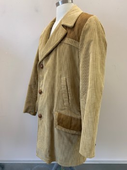 Mens, Coat, THE COUNTRY COAT, Lt Yellow, Lt Brown, Cotton, Polyester, Color Blocking, 46R, Corduroy, 3 Buttons, B.F., Peaked Lapel, 2 Welt Side Pockets, 2 Flap Pockets,