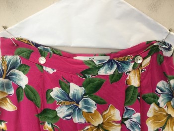 Womens, Skort, B. BRONSON, Hot Pink, Blue, Green, Amber Yellow, Navy Blue, Rayon, Hawaiian Print, Floral, 7-8, Over Flap Front with 2 White Buttons at 1-1/4" Waist Band