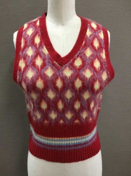 FREE PEOPLE, Red, Butter Yellow, Lt Blue, Wool, Acrylic, Argyle, Diamonds, Knit, V-neck, Pullover,