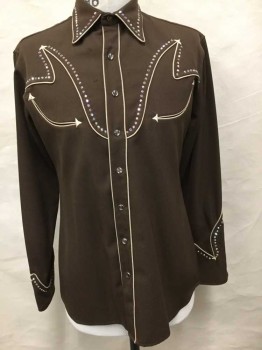 Mens, Western Shirt, MANUEL, Brown, Tan Brown, Metallic, Polyester, Rhinestones, Solid, 16, L, 33, Gabardine, Tan Piping, Silver Rhinestones, Snap Front, 2 Welt Pockets, Late 70's/Early 80's