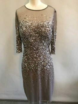 ADRIANNA PAPELL, Gray, Silver, Polyester, Sequins, Solid, Sheer/See Thru Net Sleeves and Shoulders, 3/4 Sleeves, Opaque Sweetheart Strapless Bust, Silver Sequins At Bust, Ends Of Cuffs, Midsection, Fades Out In Density Above Bust and Below Hips, Hem Above Knee,  Invisible Zipper At Center Back