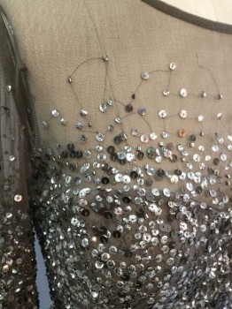 ADRIANNA PAPELL, Gray, Silver, Polyester, Sequins, Solid, Sheer/See Thru Net Sleeves and Shoulders, 3/4 Sleeves, Opaque Sweetheart Strapless Bust, Silver Sequins At Bust, Ends Of Cuffs, Midsection, Fades Out In Density Above Bust and Below Hips, Hem Above Knee,  Invisible Zipper At Center Back