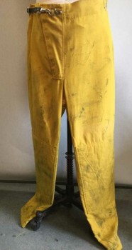 Mens, Fireman Turnout Pants, TANSCON, Mustard Yellow, Black, Nomex, Leather, Solid, L, Aged/Distressed, Velcro Closure, Leather Strap and Silver Buckle. 2 Back Cargo Pockets, Adjustable Elastic Strap Back Waist, Multiples